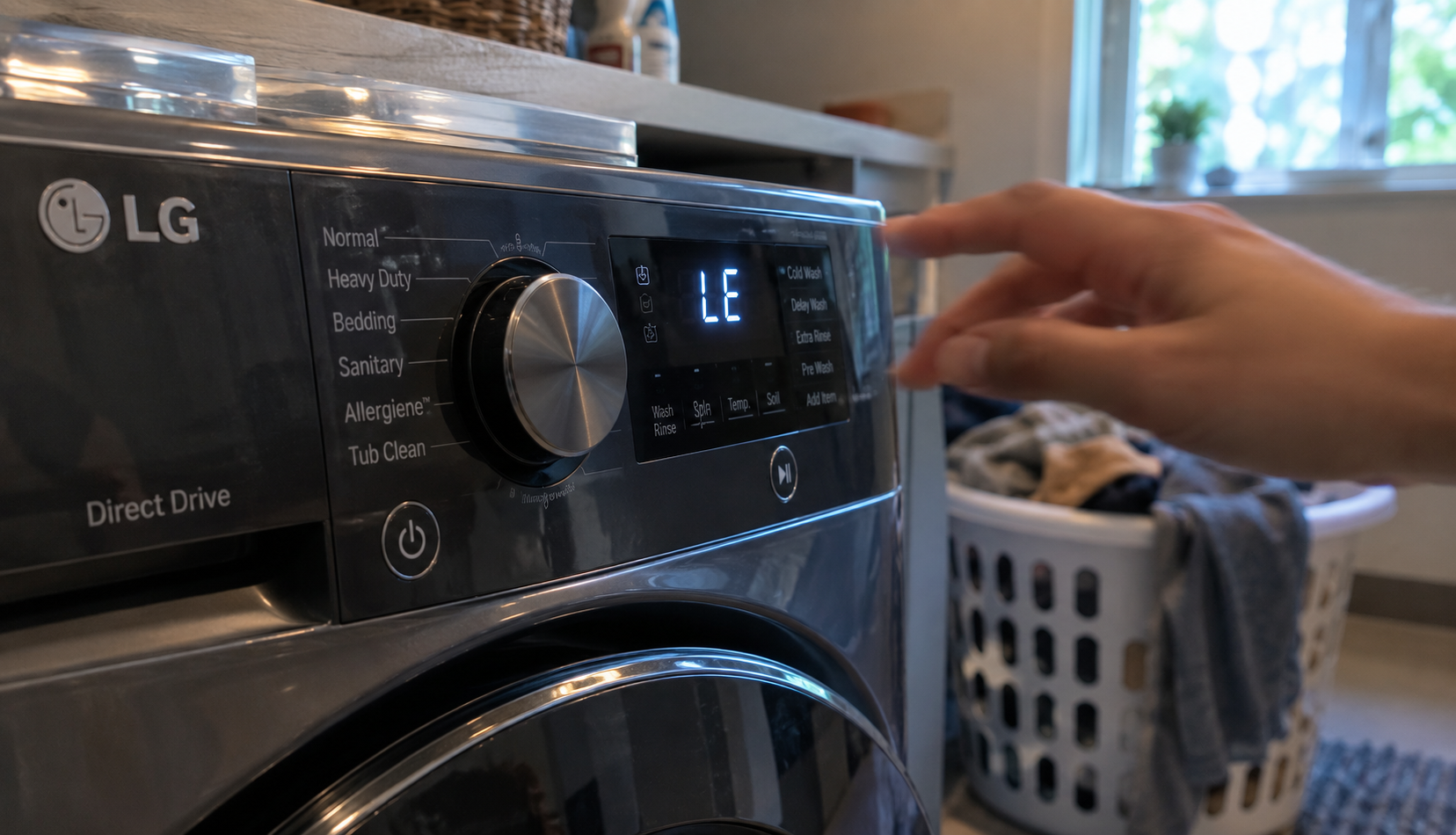 LG washer control panel displaying the LE error code