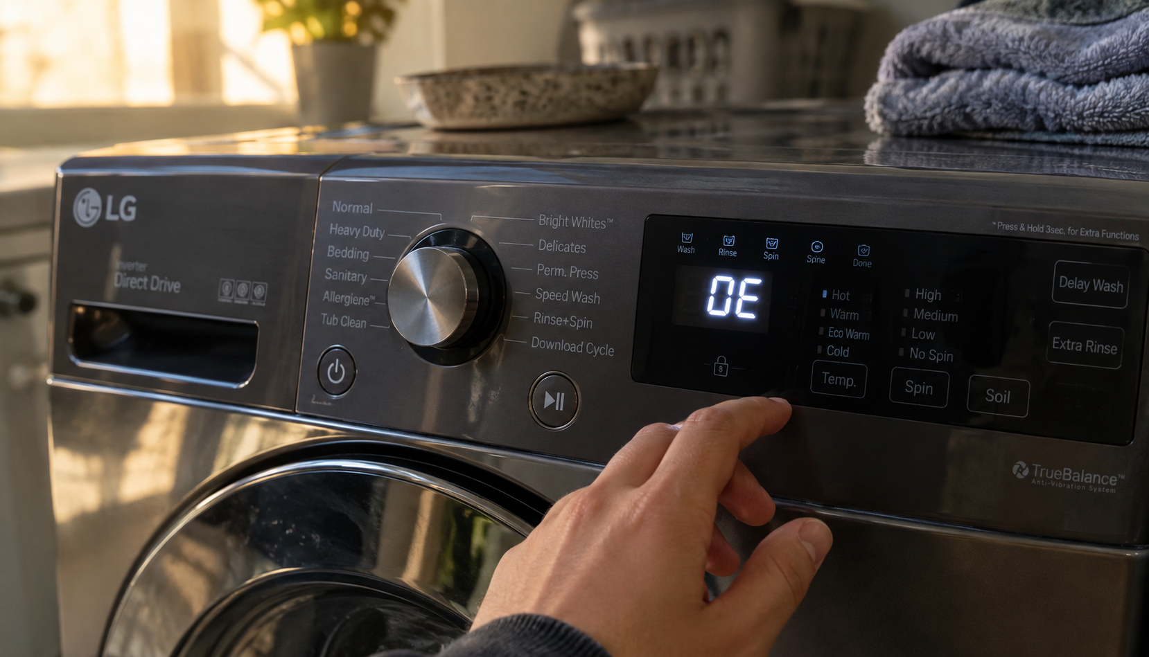 LG washer control panel displaying the OE error code