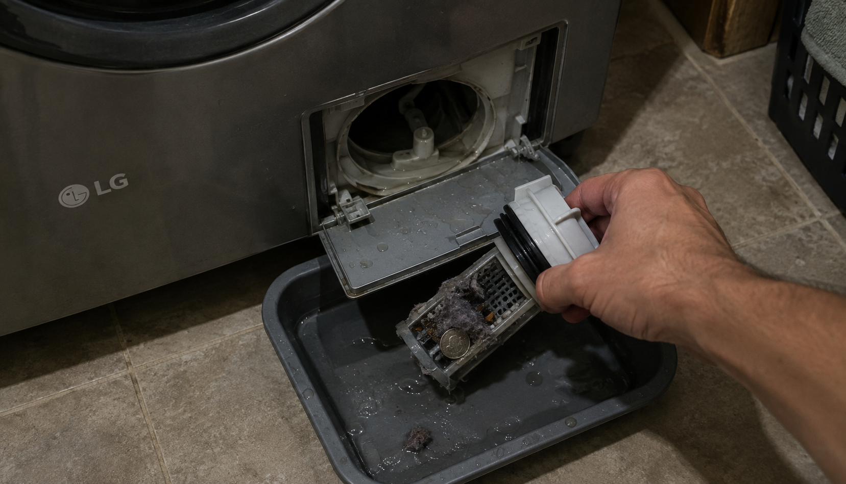 Removing a clogged drain filter from an LG washer