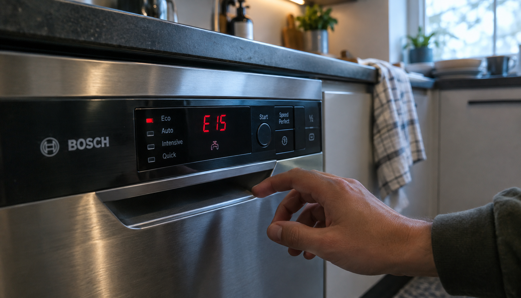 Bosch dishwasher display showing the E15 error code