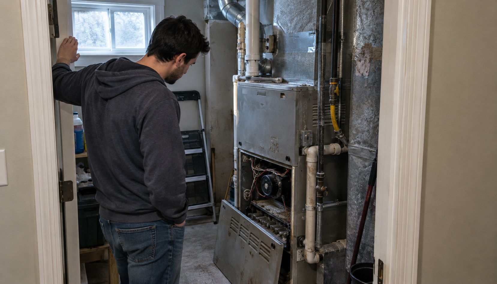 Homeowner inspecting furnace access panel before calling for service
