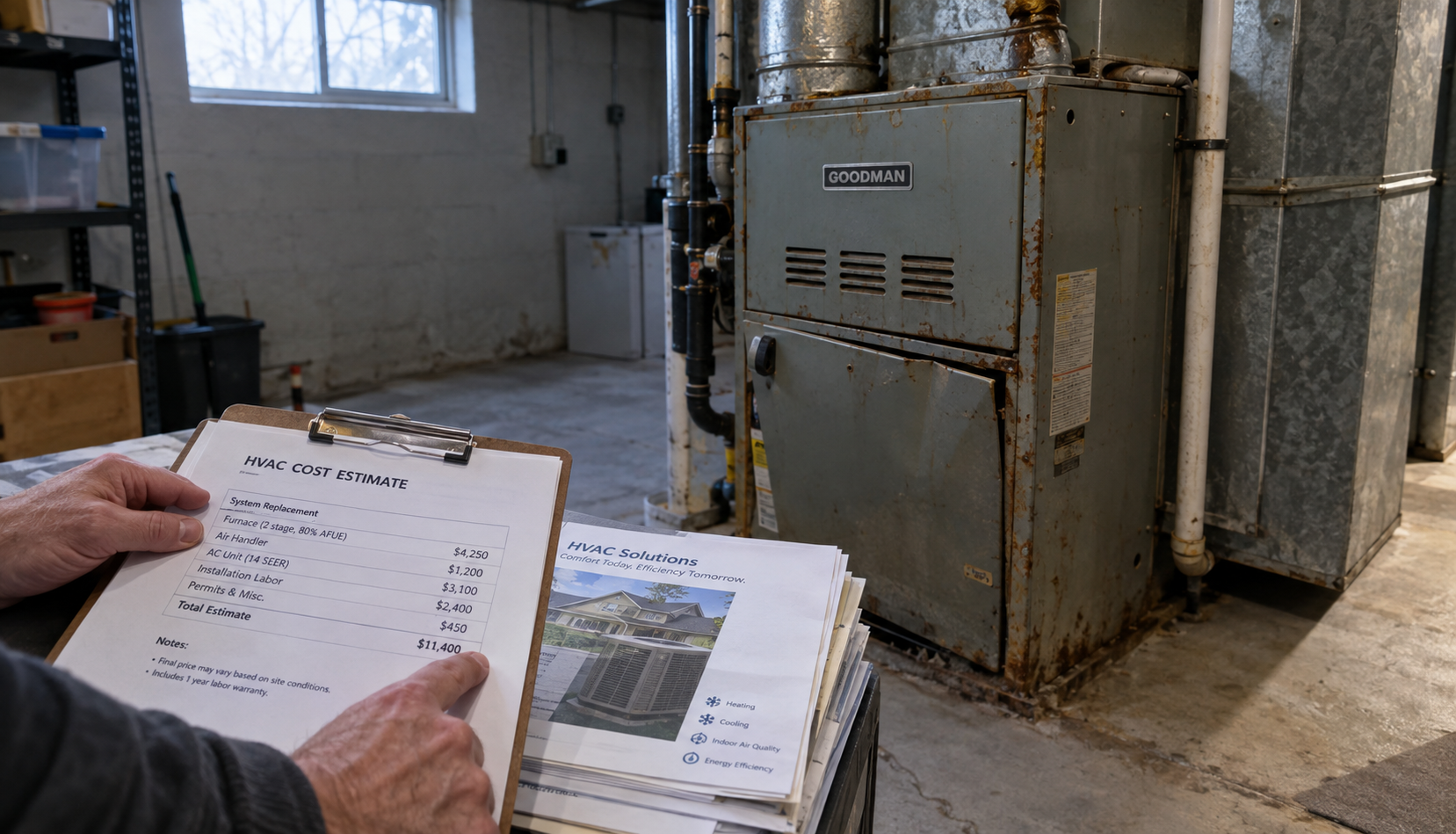 Older basement furnace beside a homeowner reviewing a repair cost estimate
