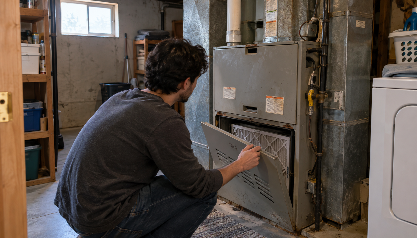 Homeowner opening furnace access panel to check filter
