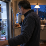 Man checking a warm milk carton beside an open refrigerator in a kitchen