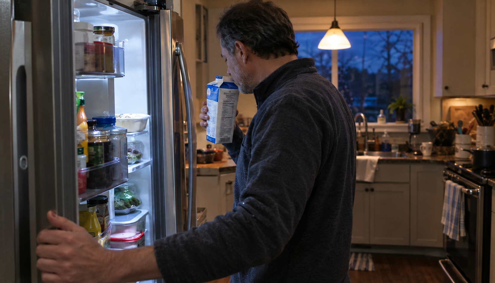 Man checking a warm milk carton beside an open refrigerator in a kitchen