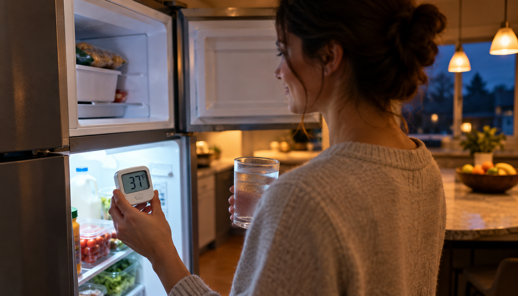 Checking the Fridge at Dusk Woman smiling at a thermometer reading 37°F inside a refrigerator that is cooling again