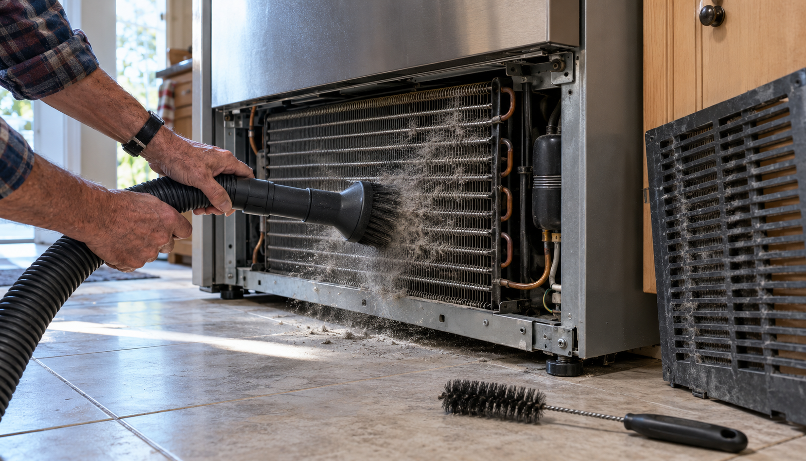 Cleaning Refrigerator Coils DIY Hands vacuuming dusty refrigerator condenser coils behind the removed base grille