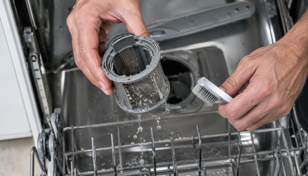 Hands removing and cleaning a dishwasher filter to fix a drain error code