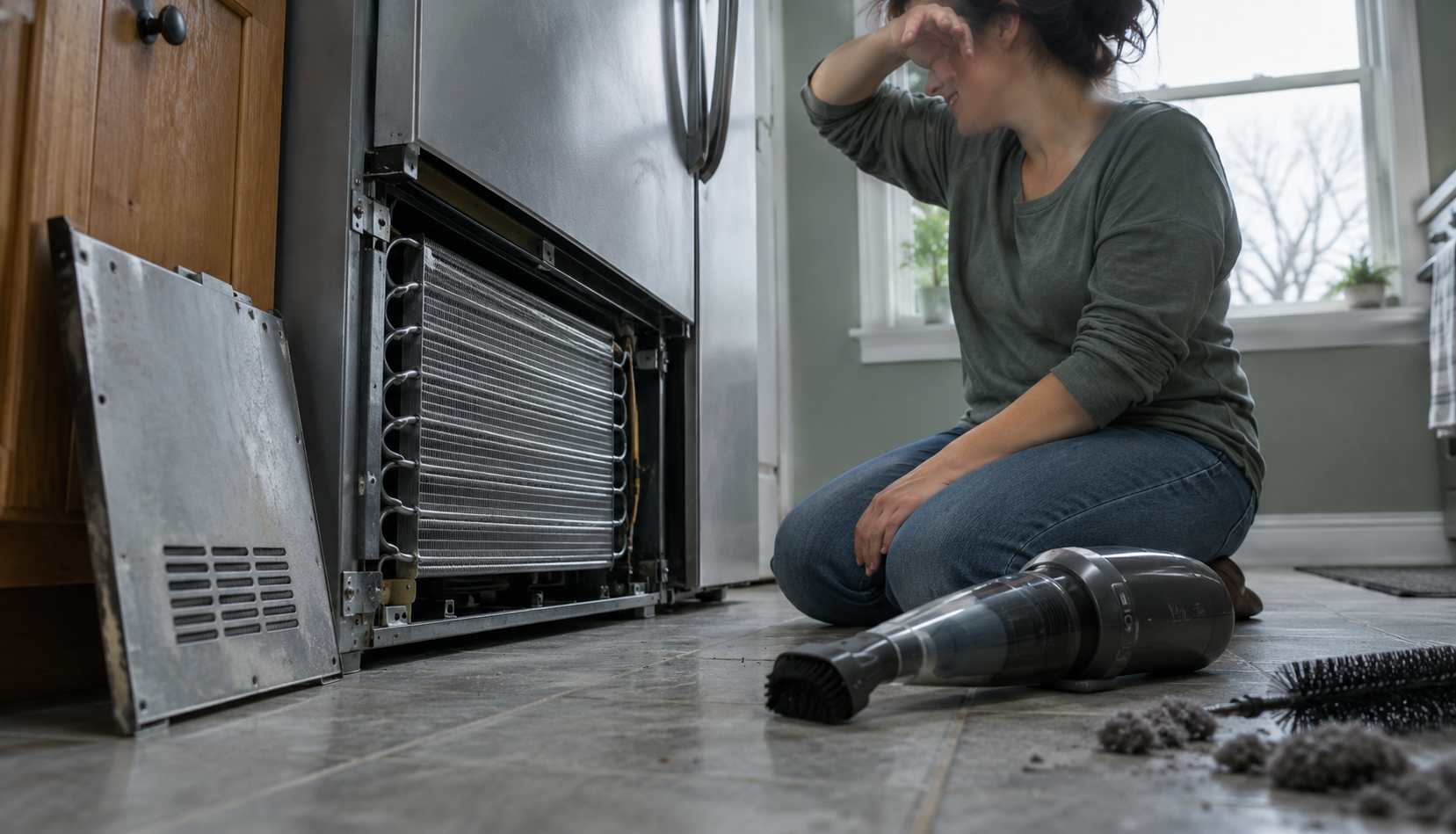 Cleaning the Refrigerator’s Hidden Coils Woman resting beside a refrigerator after vacuuming clean condenser coils behind the kick plate