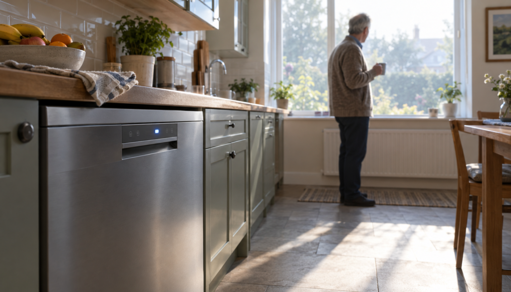 Kitchen with a dishwasher running normally after an error code was resolved