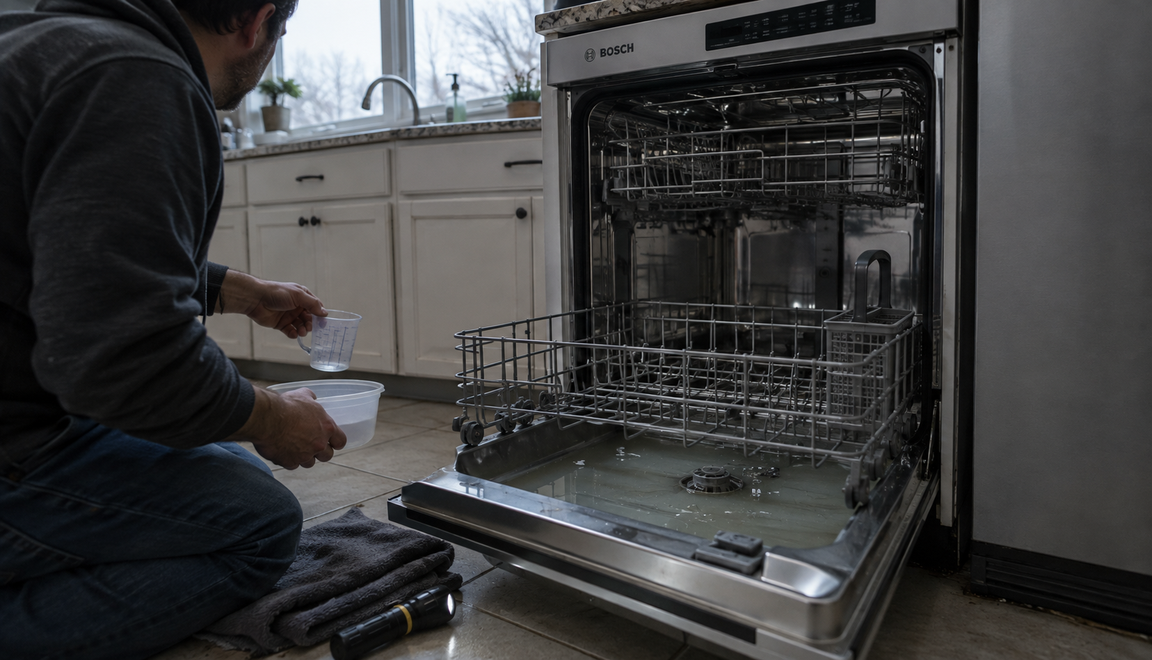 Bosch dishwasher open with standing water in the tub and a person bailing it out