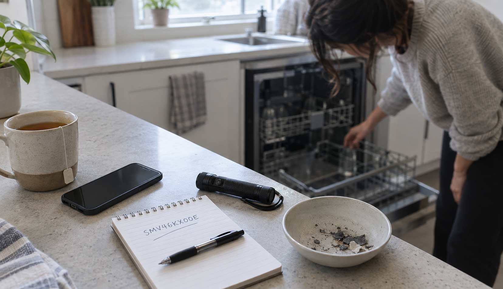 Notepad with dishwasher model number and flashlight on a kitchen counter
