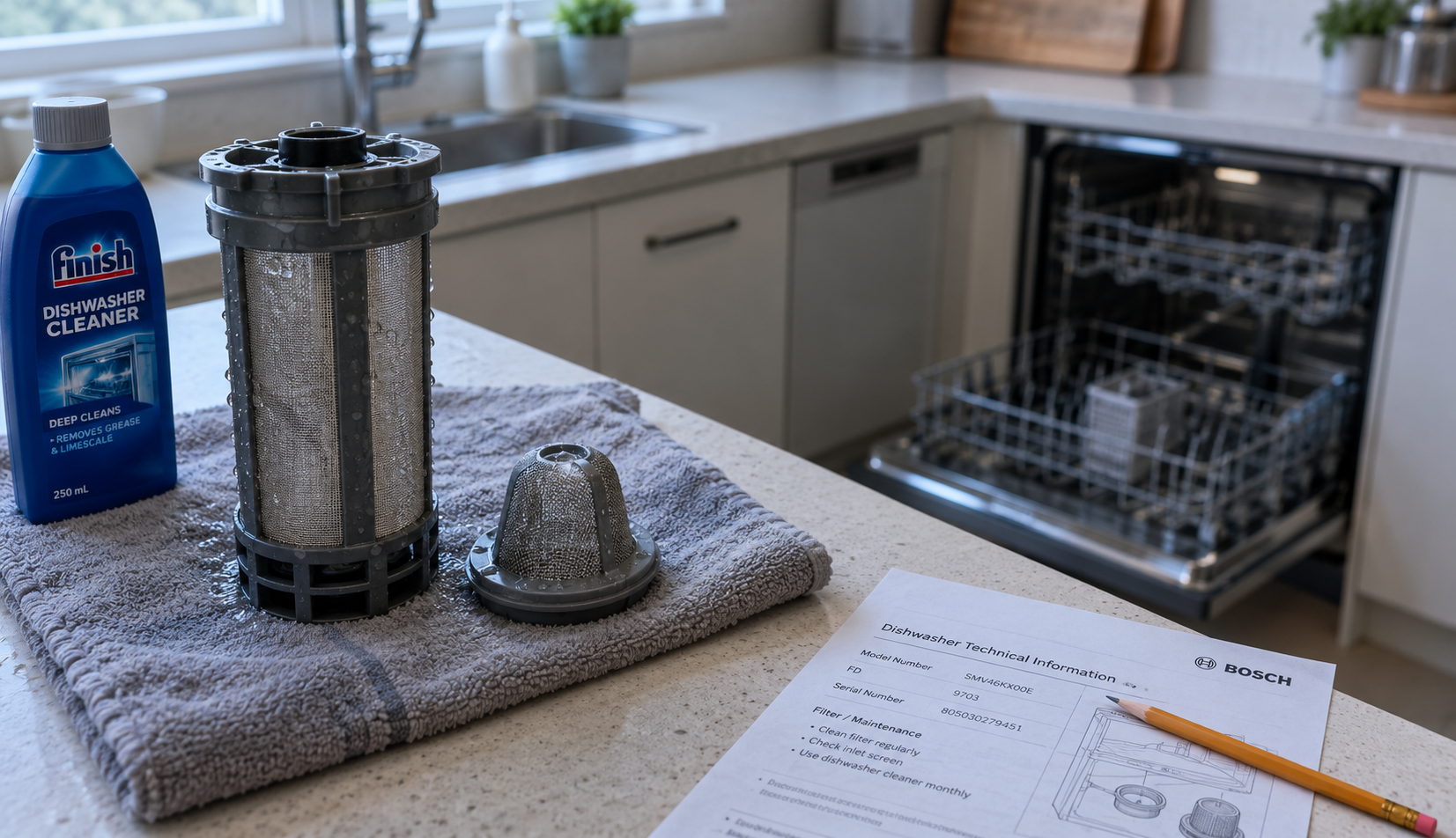Dishwasher Filter Maintenance Essentials Cleaned dishwasher filter and inlet screen on a towel beside a tech sheet