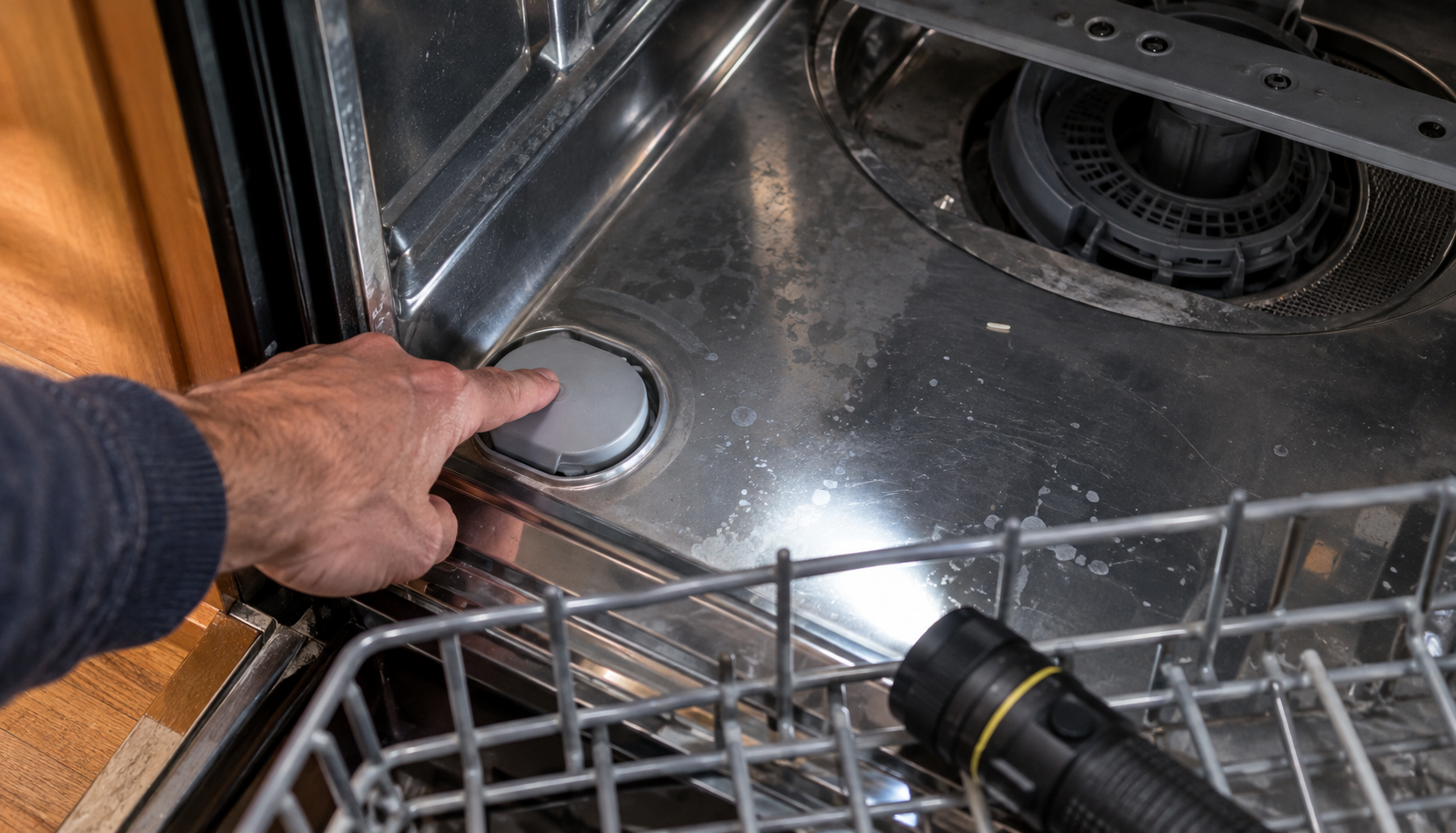 Dishwasher Float Cover Inspection Tapping the float cover in the corner of a GE dishwasher tub floor