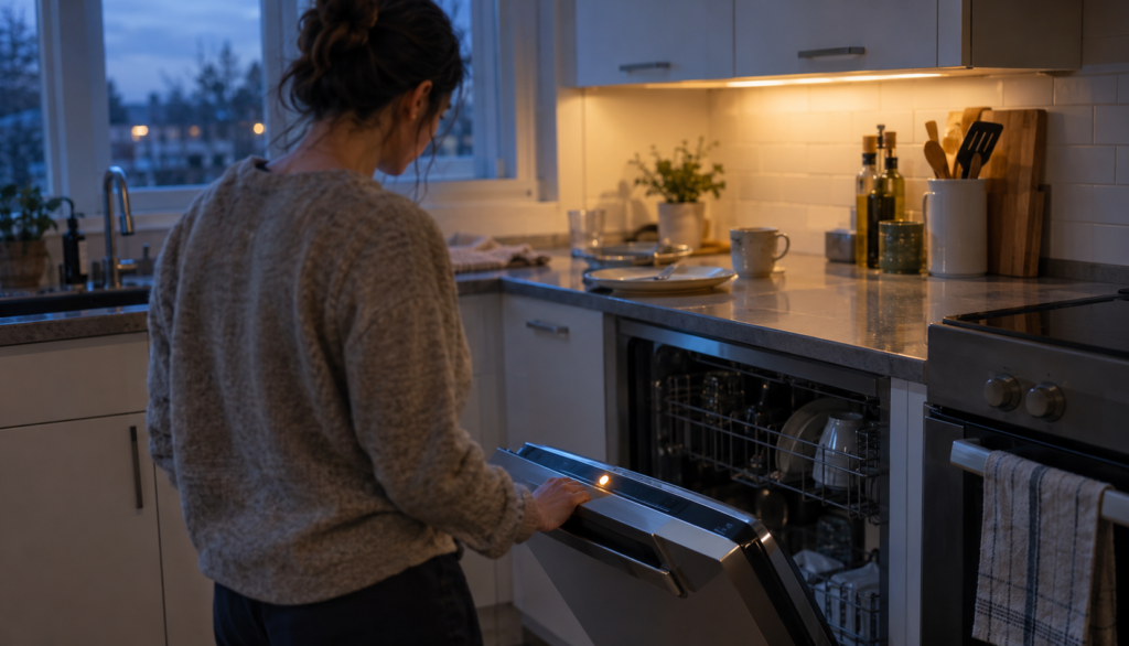 Person checking a dishwasher with a blinking error light on its control panel