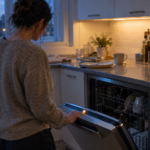 Person checking a dishwasher with a blinking error light on its control panel