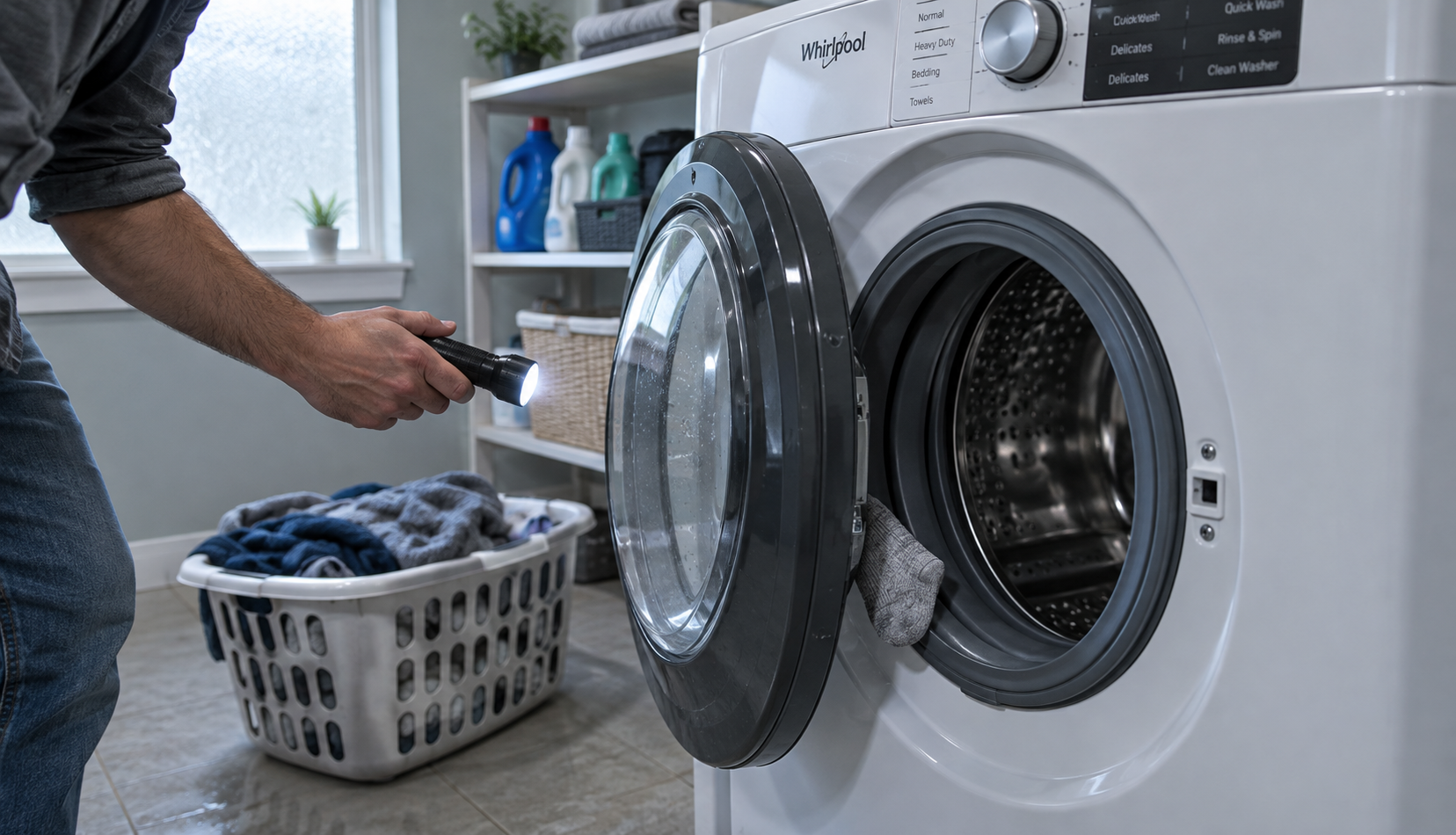 Sock caught in the door gasket of a Whirlpool front load washer
