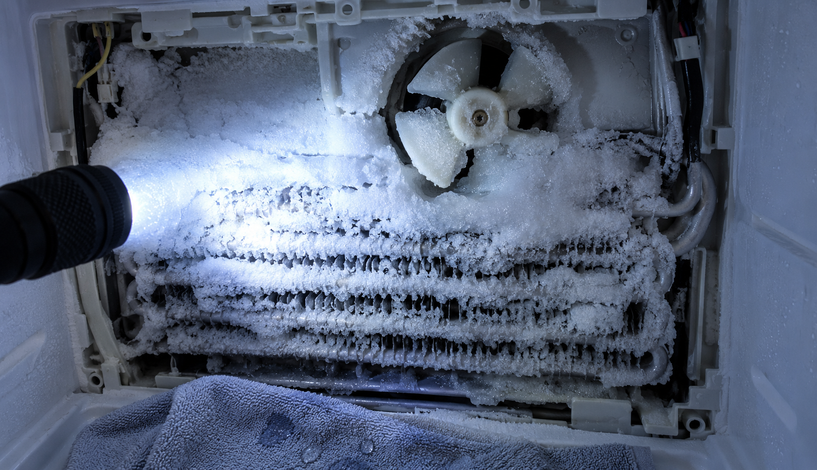 Frost-covered evaporator coil and fan blade frozen in ice behind a freezer rear panel