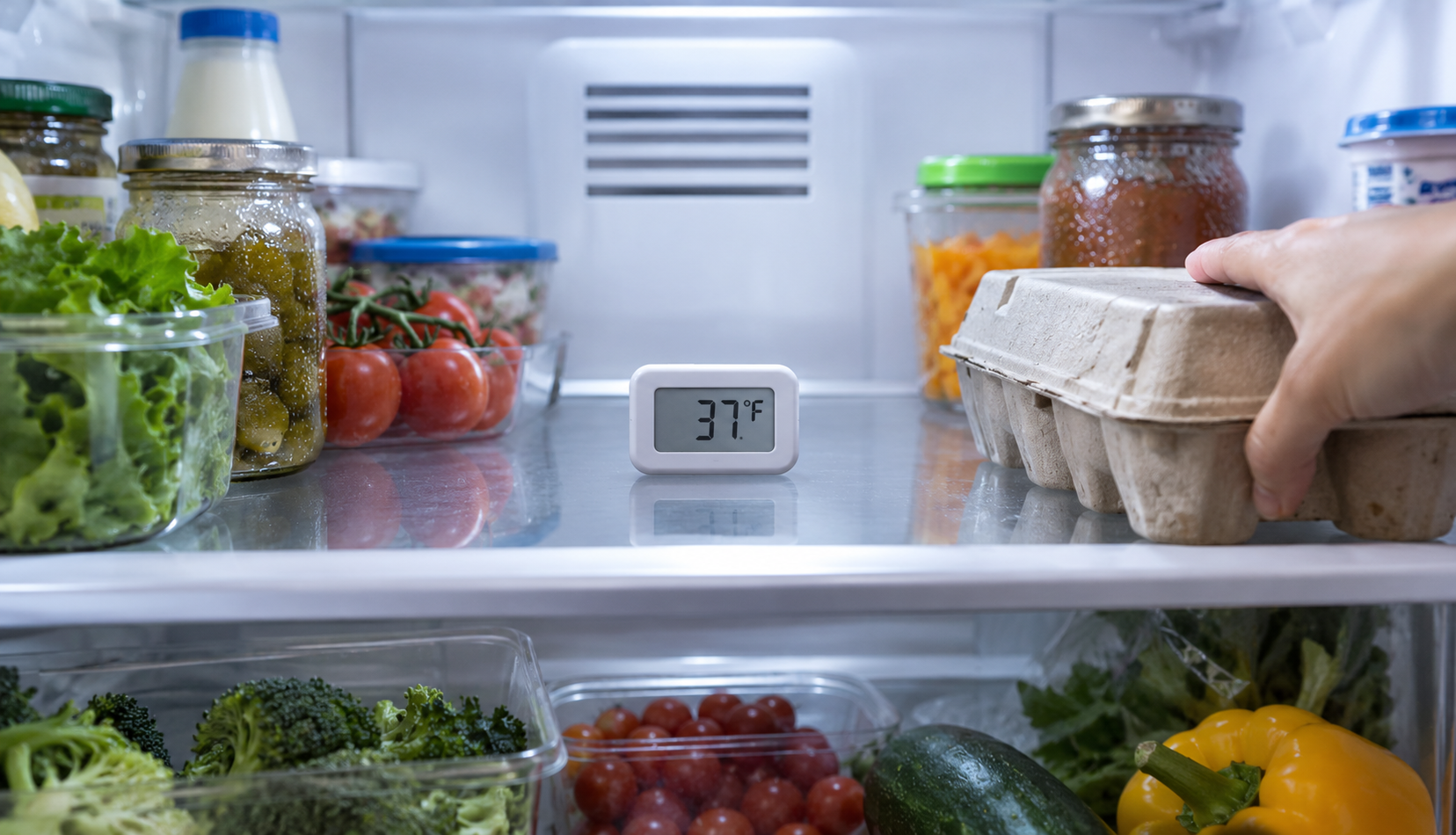 Digital thermometer reading 37°F on a refrigerator shelf with clear space around the vent