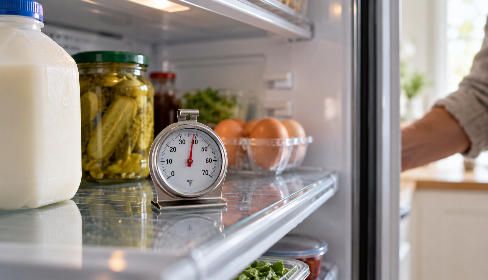 Fridge Thermometer and Fresh Groceries Appliance thermometer on a refrigerator shelf showing a safe, steady temperature