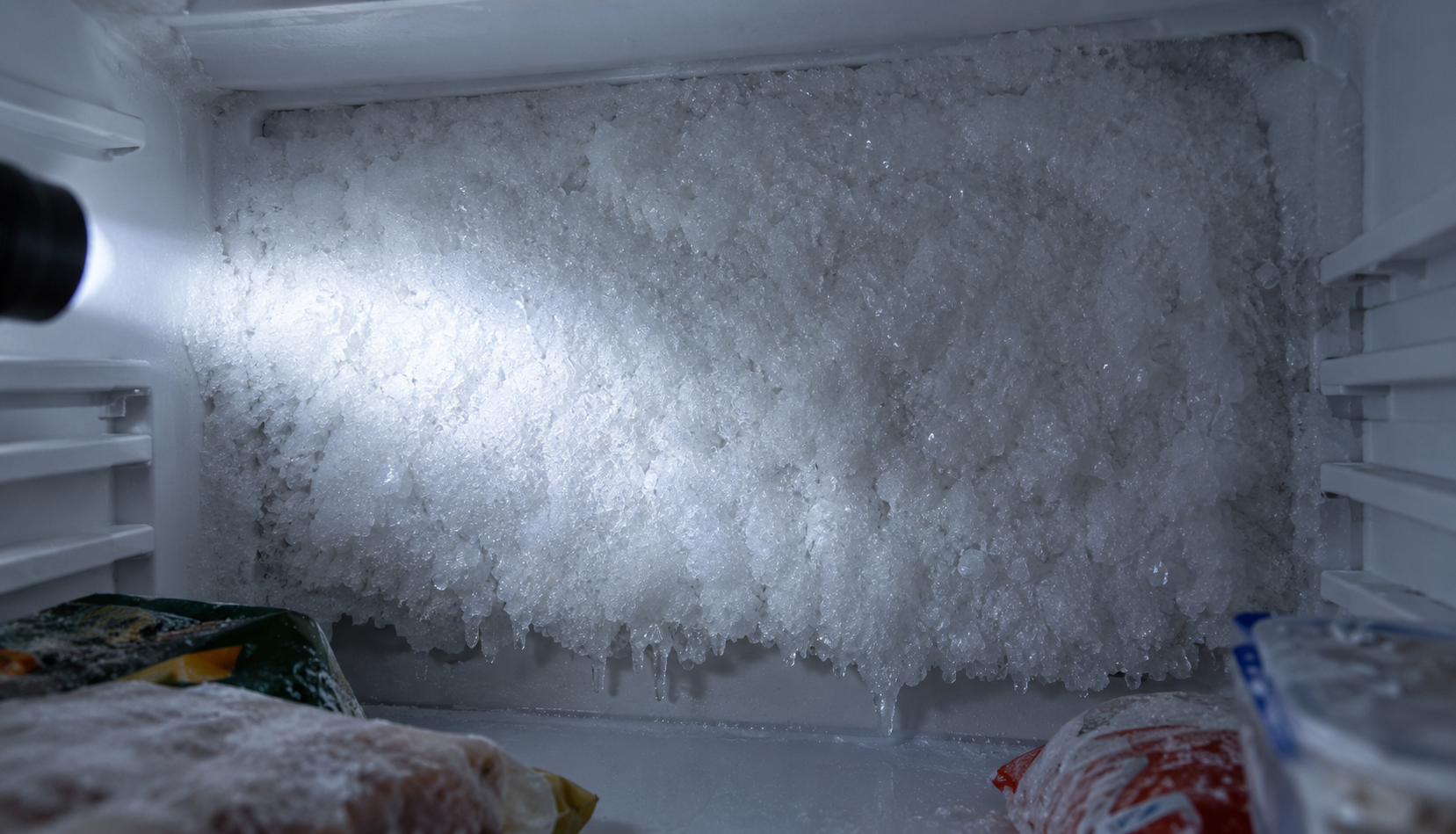 Frostbound Freezer Interior Thick frost covering the rear wall of a freezer after defrost system failure