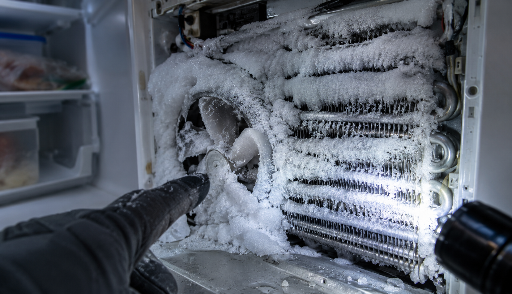 Frozen Evaporator Inspection Frost-covered evaporator coils and ice-locked fan inside a freezer with the back panel removed