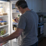 Man checking a dial thermometer beside an open refrigerator that is not cooling