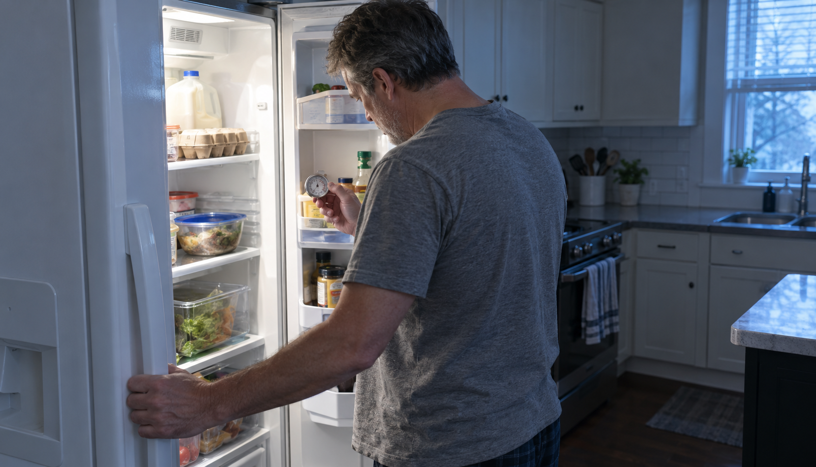 Man checking a dial thermometer beside an open refrigerator that is not cooling