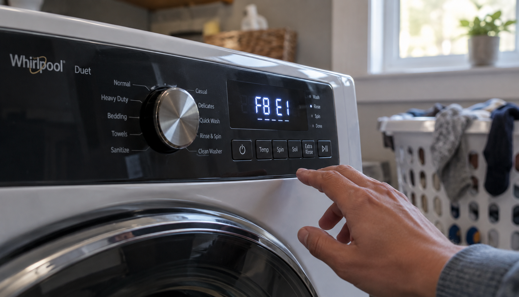 Laundry Machine Error Code Close-Up Whirlpool Duet washer display showing a flashing error code