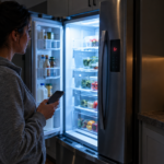 Woman standing at open French door refrigerator looking at an error code display