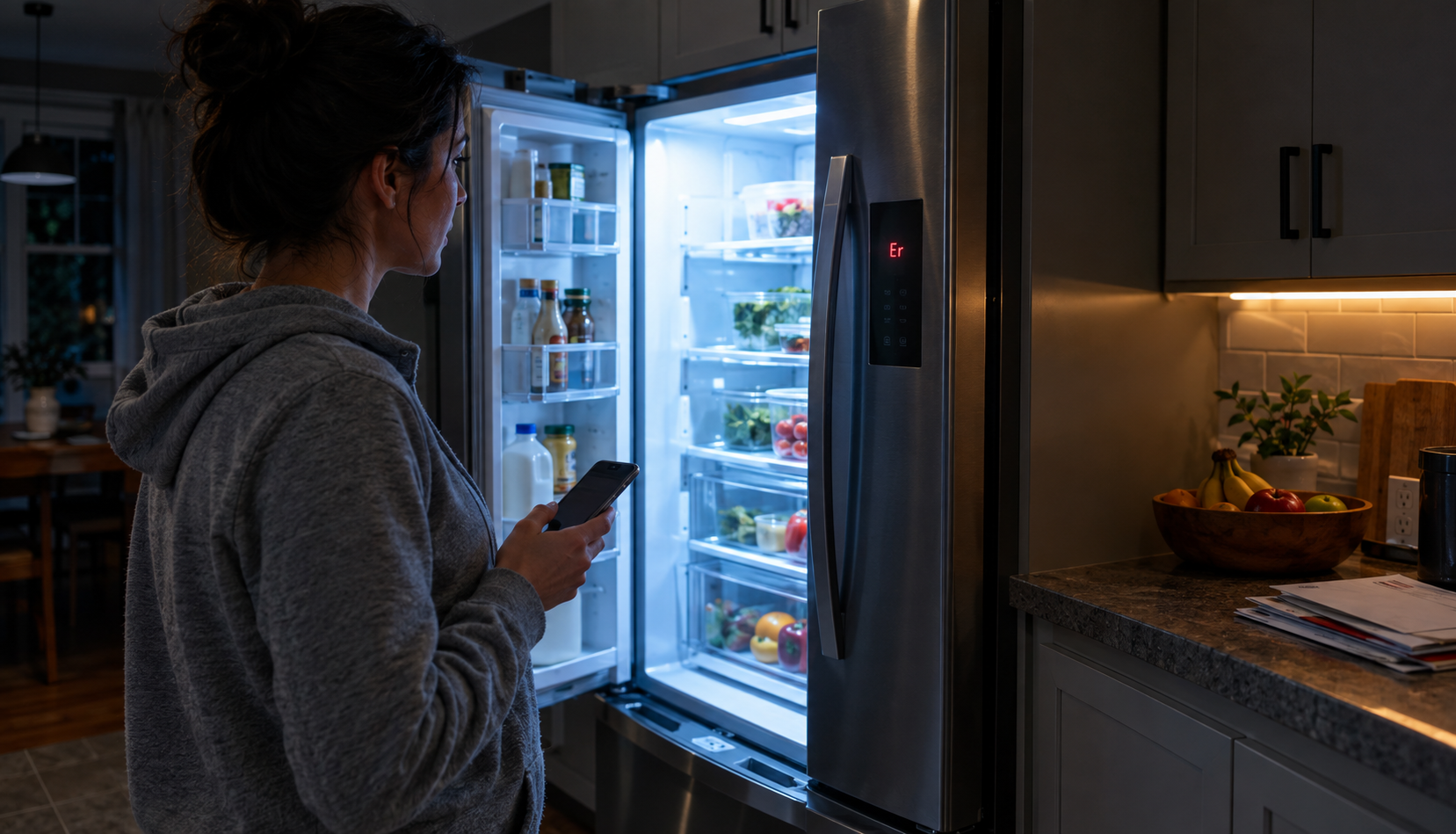 Midnight Fridge Error Check Woman standing at open French door refrigerator looking at an error code display
