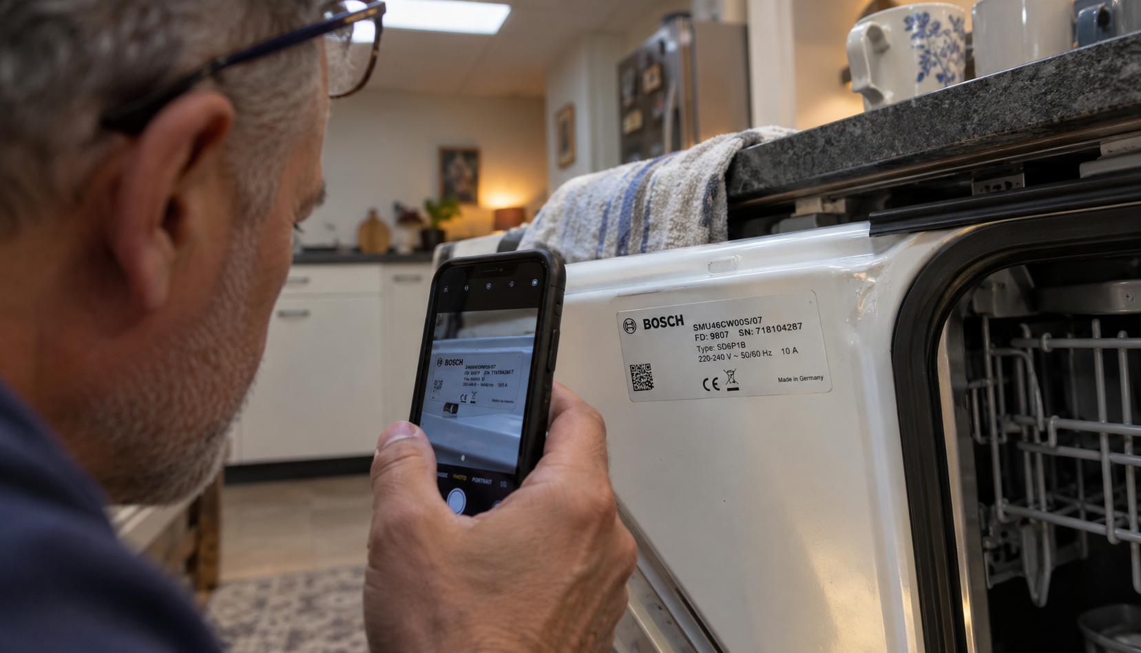 Man photographing the model number label on a Whirlpool dishwasher door edge
