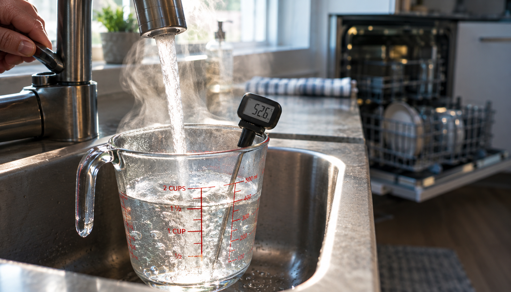 Steaming Kitchen Sink with Thermometer Checking hot tap water temperature with a kitchen thermometer beside an open dishwasher