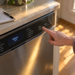 Hand pausing over the Start button on a GE dishwasher control panel
