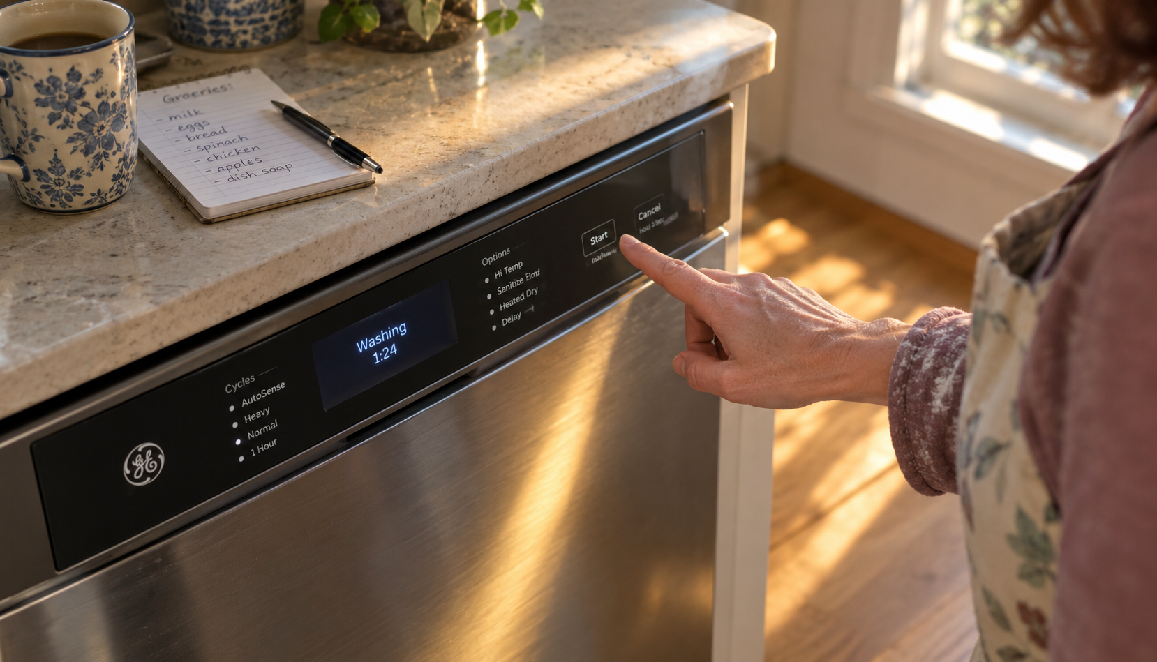 Hand pausing over the Start button on a GE dishwasher control panel