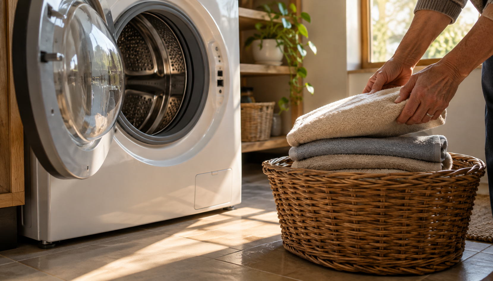 Empty front load washer drum beside a basket of freshly folded towels