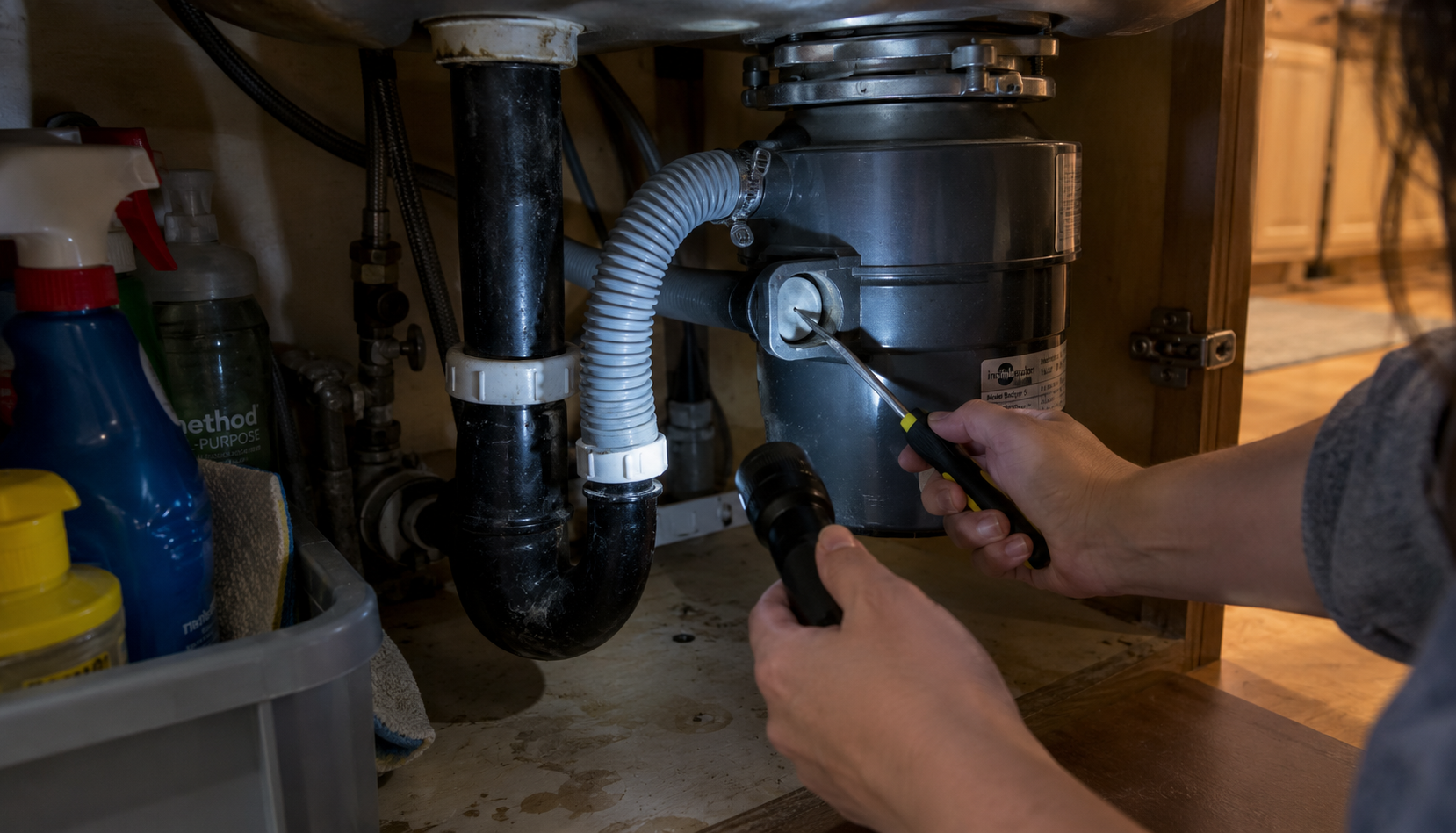 Under-Sink Garbage Disposal Repair Checking the dishwasher drain hose and disposal knockout plug under a sink