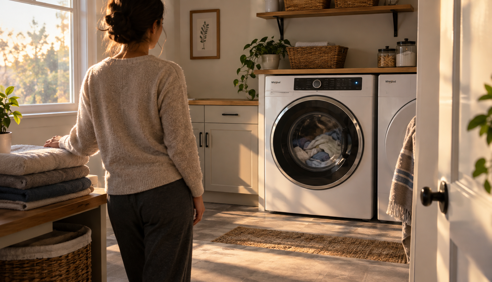 Warm Modern Laundry Room Moment Whirlpool Duet washer running normally after fixing an error code
