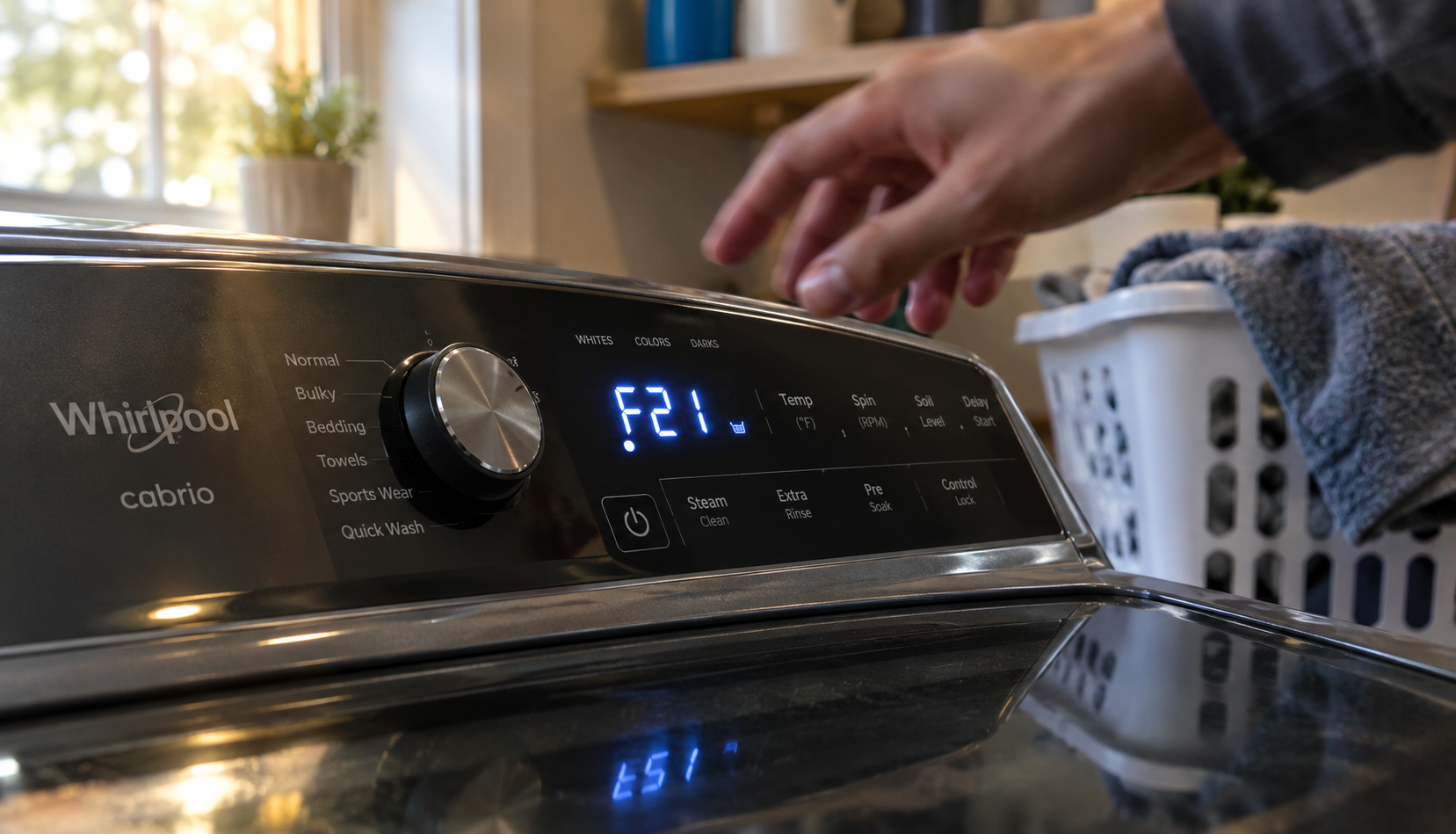 Whirlpool Cabrio Washer Error F21 Whirlpool Cabrio washer display showing a flashing error code