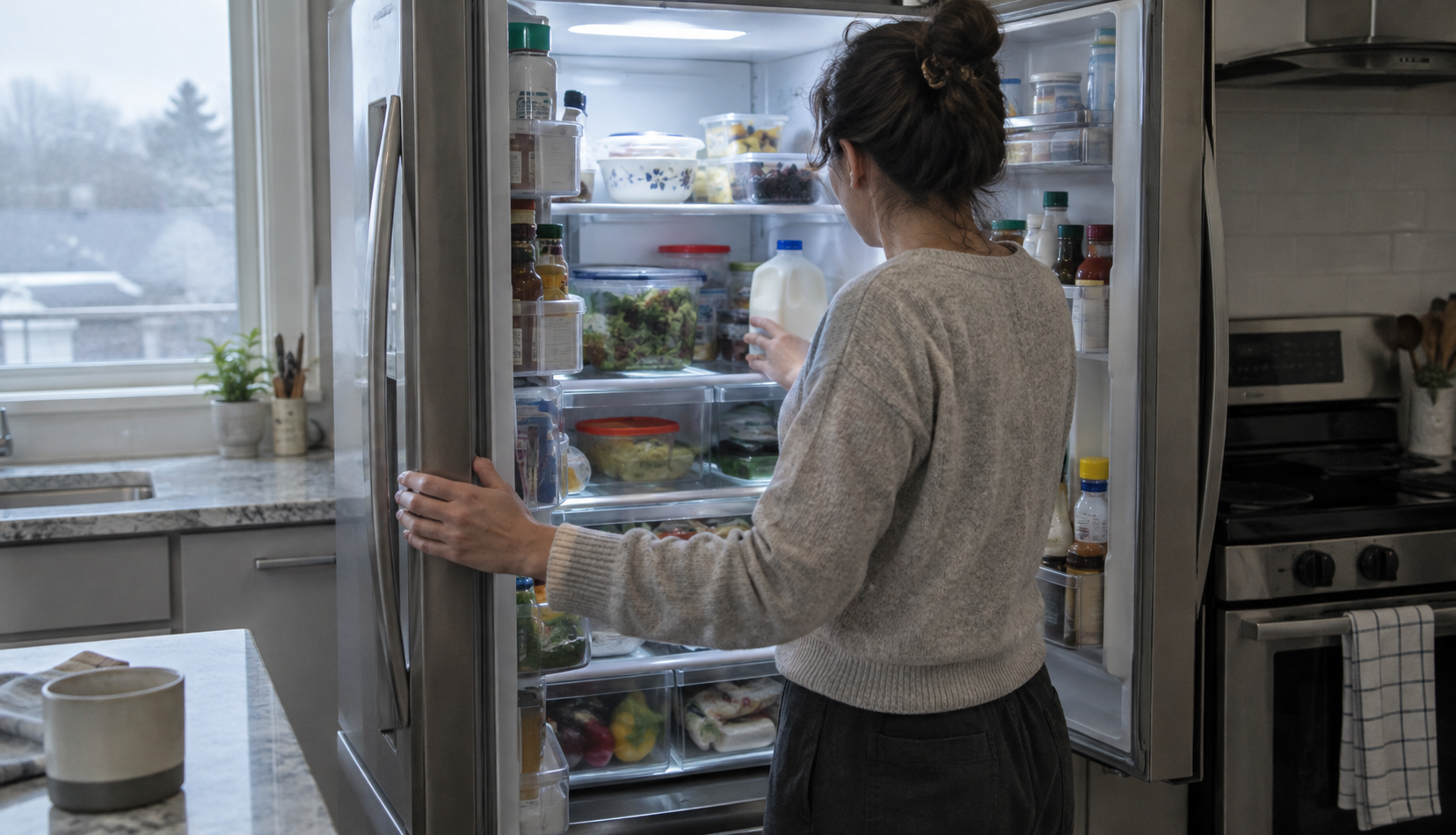 Woman checking a milk carton inside an open refrigerator that may not be cooling